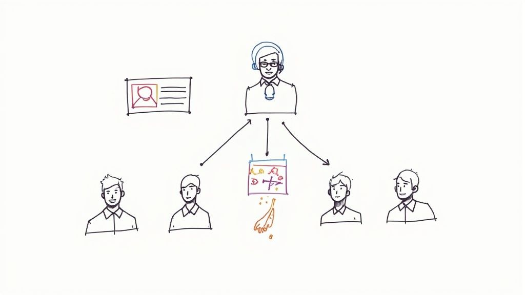 Hand-drawn diagram of a central customer service agent interacting with four clients, managing profiles and schedules.