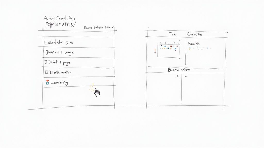 A close-up of a Notion database showing habits like 'Meditate' and 'Journal' with custom icons and checkbox properties.