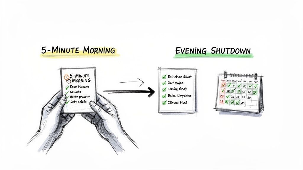 Illustration of morning and evening routines with checklists, tracking progress on a calendar.