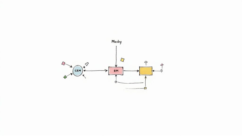 A person interacting with a digital interface showing various app icons and automation flows.