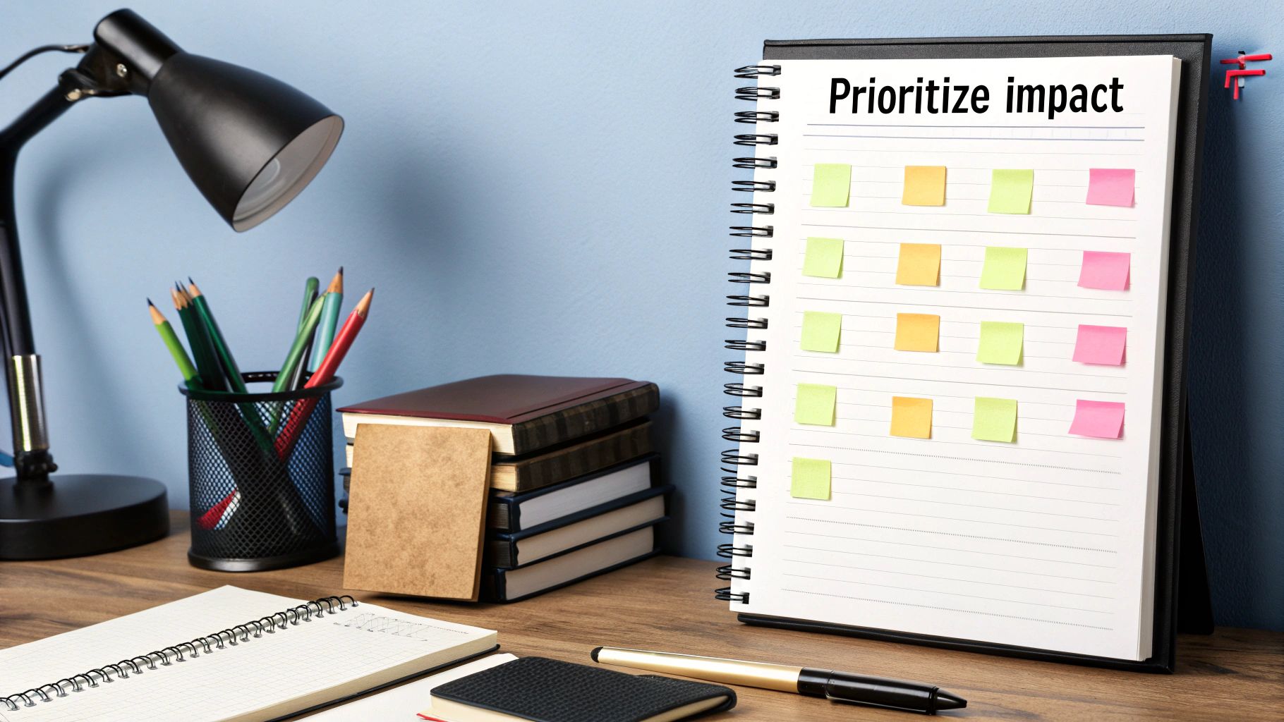 A close-up of a person's hands sorting and arranging color-coded sticky notes on a large whiteboard, symbolizing prioritization.
