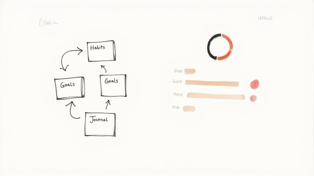 A person using a Notion habit tracker template on their laptop, showing colorful progress bars and organized lists.