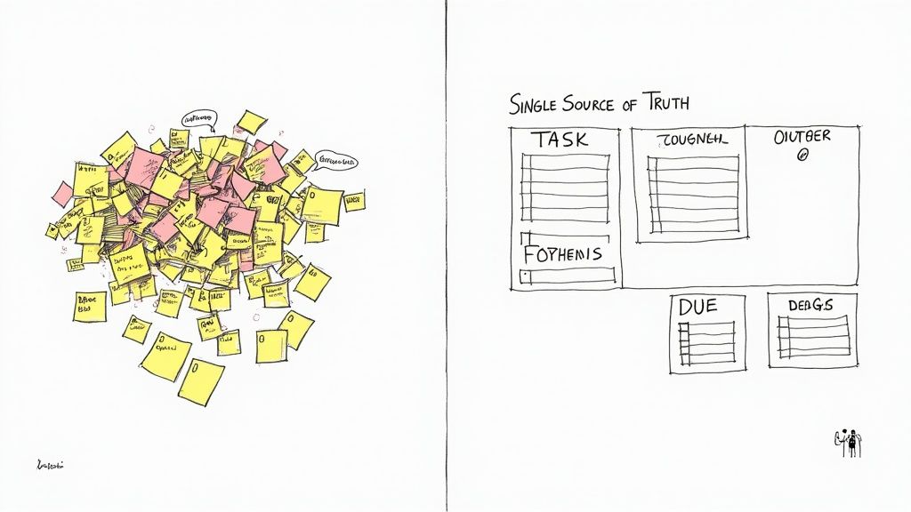 A visual comparison showing scattered sticky notes versus an organized 'Single Source of Truth' action items template.