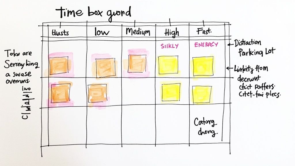 A handwritten time box planning grid with categories like low, medium, high, and fast, containing colored task boxes.