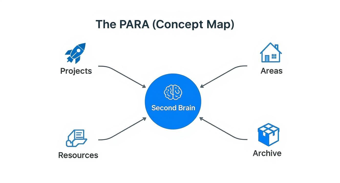 Infographic showing the PARA method as a concept map with a central 'Second Brain' hub branching out to Projects, Areas, Resources, and Archive.