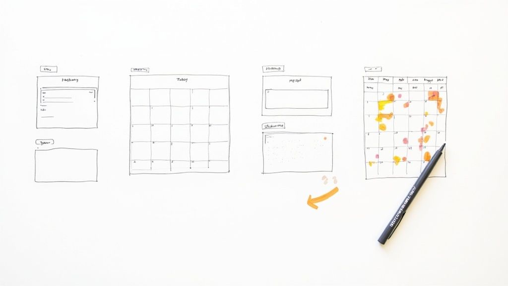 Hand-drawn planning templates and colorful habit tracker calendar with pen on white background