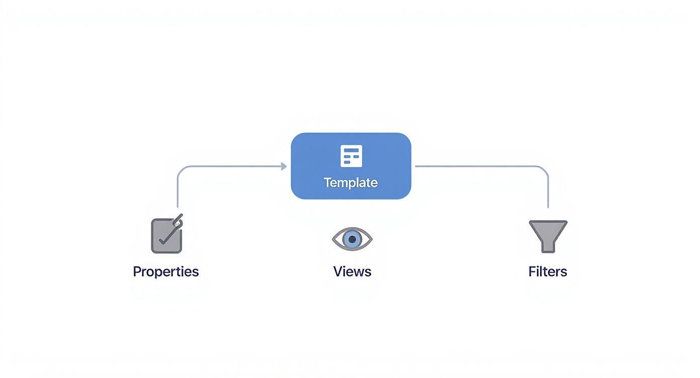 Diagram showing a central 'Template' node connected to 'Properties', 'Views', and 'Filters' for customization.