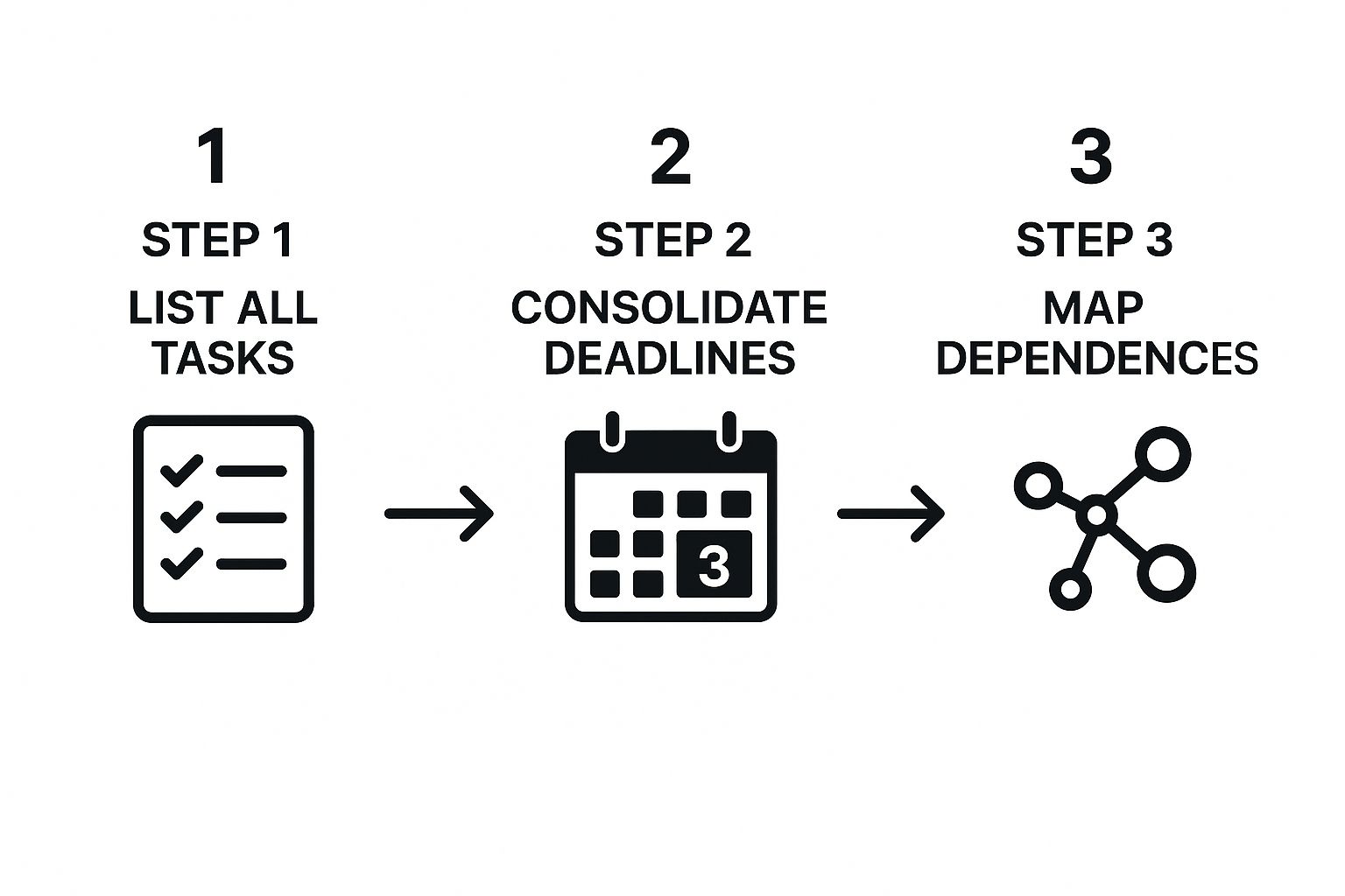 Infographic showing the three steps of consolidating projects: listing tasks, consolidating deadlines, and mapping dependencies.