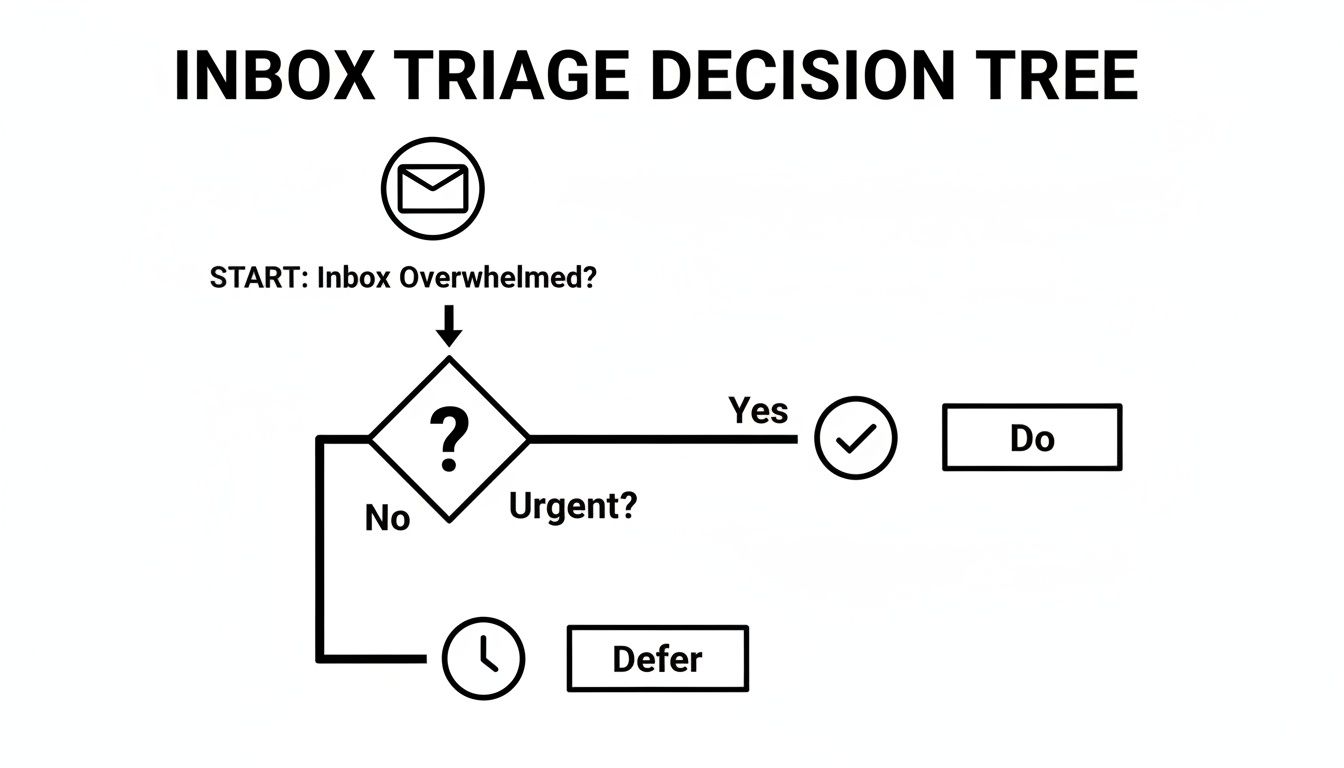 Flowchart illustrating an inbox triage decision tree for managing email urgency and actions.