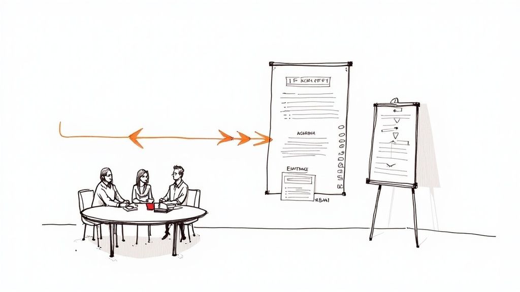 Hand-drawn illustration of three people in a meeting discussing a workflow chart and a process document.