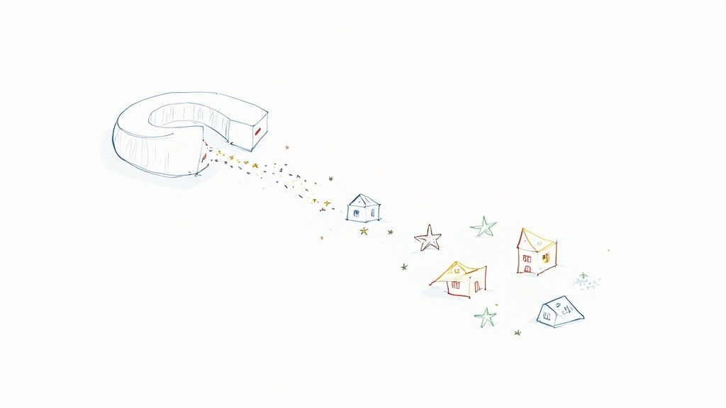 A hand-drawn illustration depicting a magnet attracting golden stars towards various small, colorful houses.