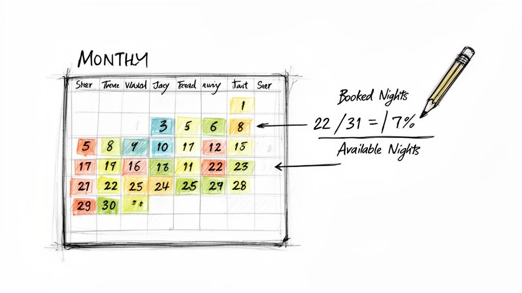 Hand-drawn calendar displaying monthly bookings, showing 22 out of 31 nights booked as 7% occupancy.