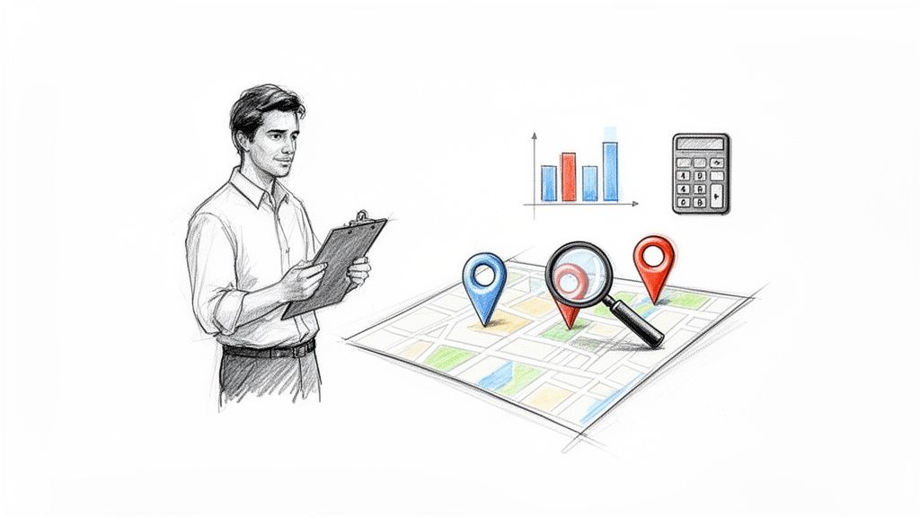 A man holds a clipboard, analyzing a map with location pins, a magnifying glass, charts, and a calculator.