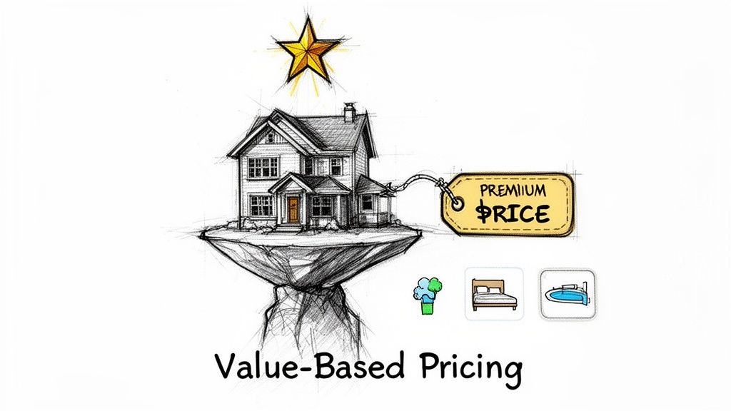 Illustration of value-based pricing for a house with a premium price and features like a pool and bedroom.