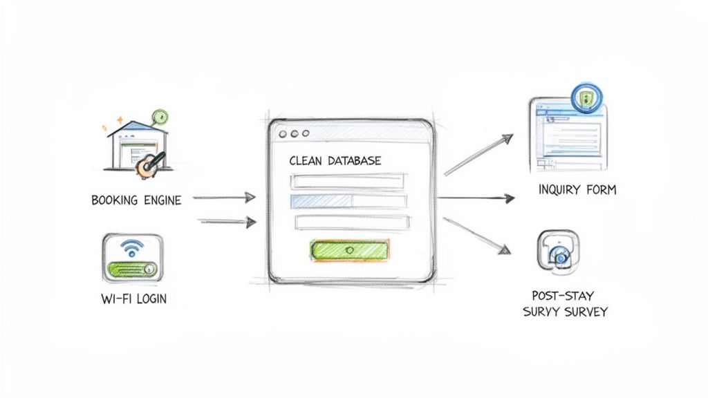Diagram showing data from booking and Wi-Fi login flowing into a clean database, then to inquiry forms and post-stay surveys.