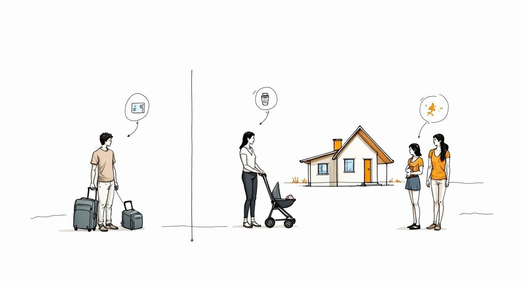 A diverse group of friends laughing and enjoying a meal at a large dining table in a vacation rental.