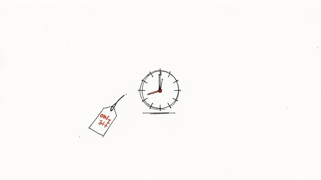 A hand-drawn clock showing 8 o'clock with a price tag marked 'ONLY £14' dangling nearby.