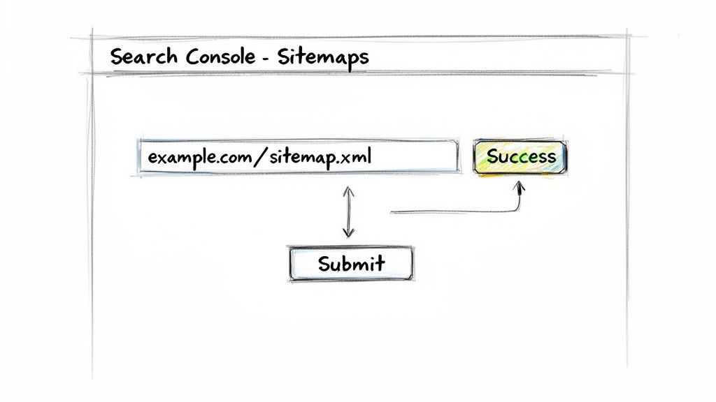 Diagram showing how to submit a sitemap (example.com/sitemap.xml) in Google Search Console, leading to a success message.