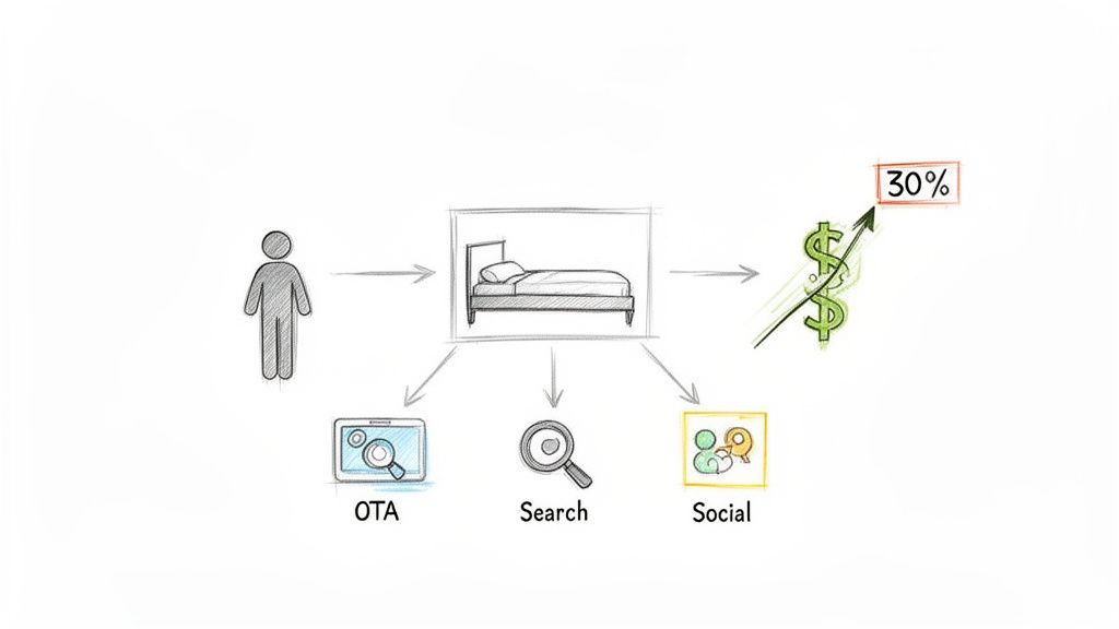 Diagram showing a person searching for a room, influenced by OTA, search, and social, leading to a 30% revenue increase.