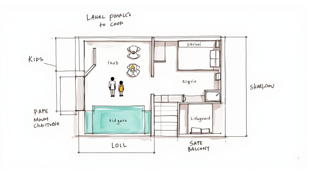 Floor plan illustration with a kids' pool, beds, and a safe balcony.