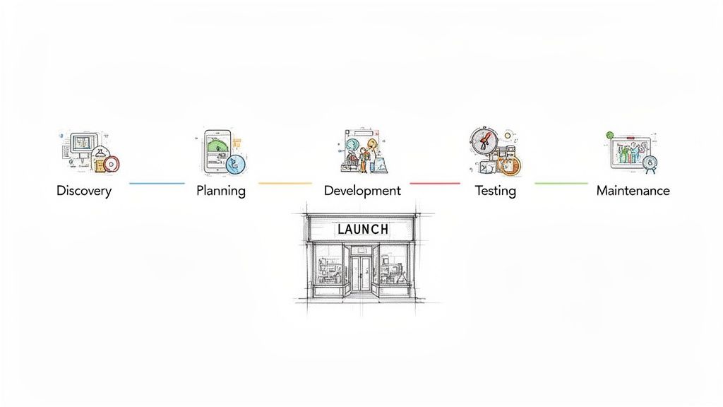 Illustration showing the five stages of website development: Discovery, Planning, Development, Testing, and Maintenance, leading to Launch.