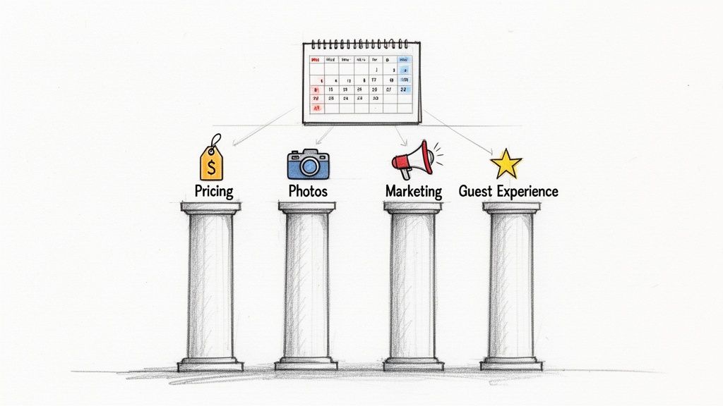 Four pillars—pricing, photos, marketing, guest experience—support a calendar, symbolizing vacation rental success.