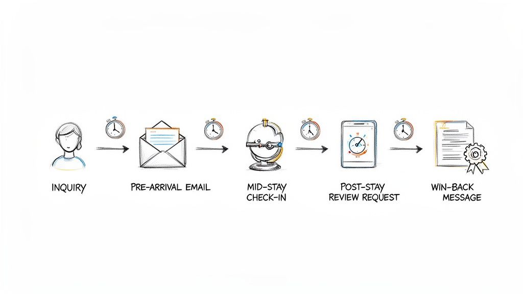 A visual sequence of customer engagement steps: inquiry, pre-arrival email, mid-stay check-in, review, and win-back message.