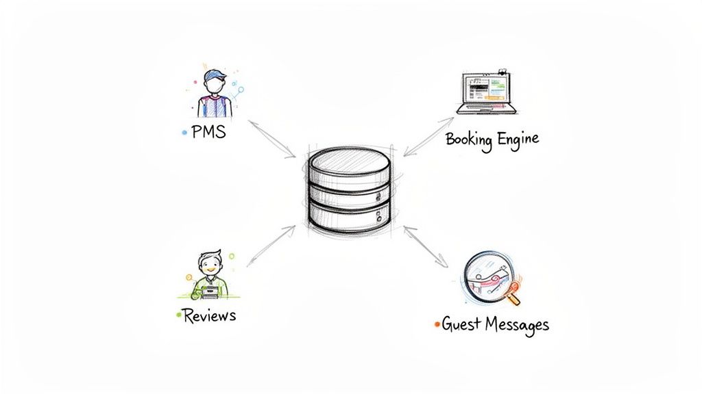 Diagram of a central database integrating hotel systems: PMS, Booking Engine, Reviews, and Guest Messages.