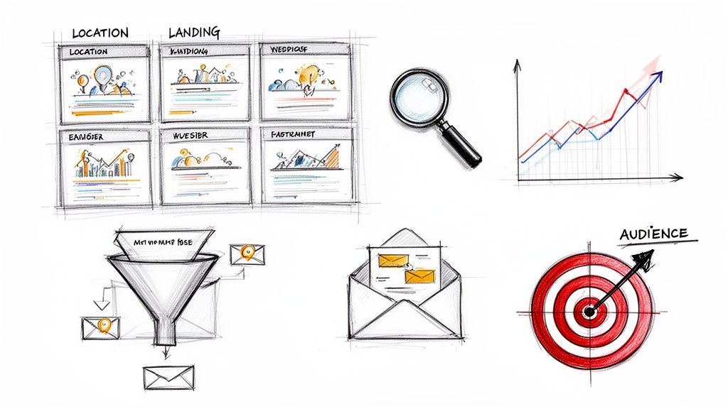 Hand-drawn sketches illustrating digital marketing concepts: landing pages, analytics, sales funnel, email marketing, and target audience.