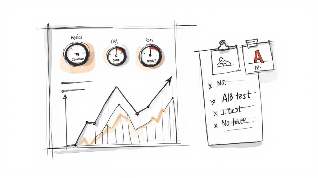 A sketch illustrating business growth metrics with gauges, a trend graph, and a list of A/B tests.