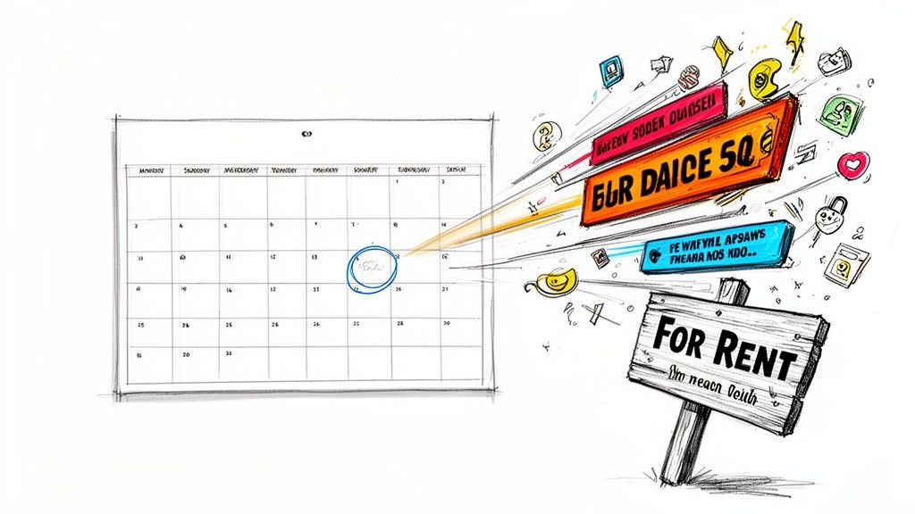 A sketch of a calendar with a circled date pointing to 'For Rent' signs and pricing details, illustrating rental advertising.