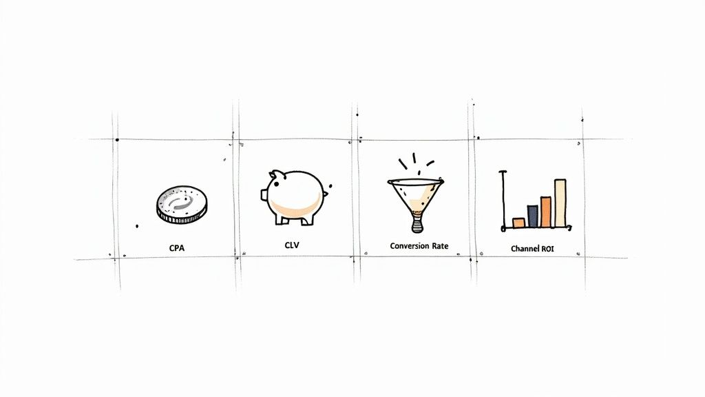 Four marketing metrics illustrated: CPA coin, CLV piggy bank, conversion rate funnel, and channel ROI bar chart