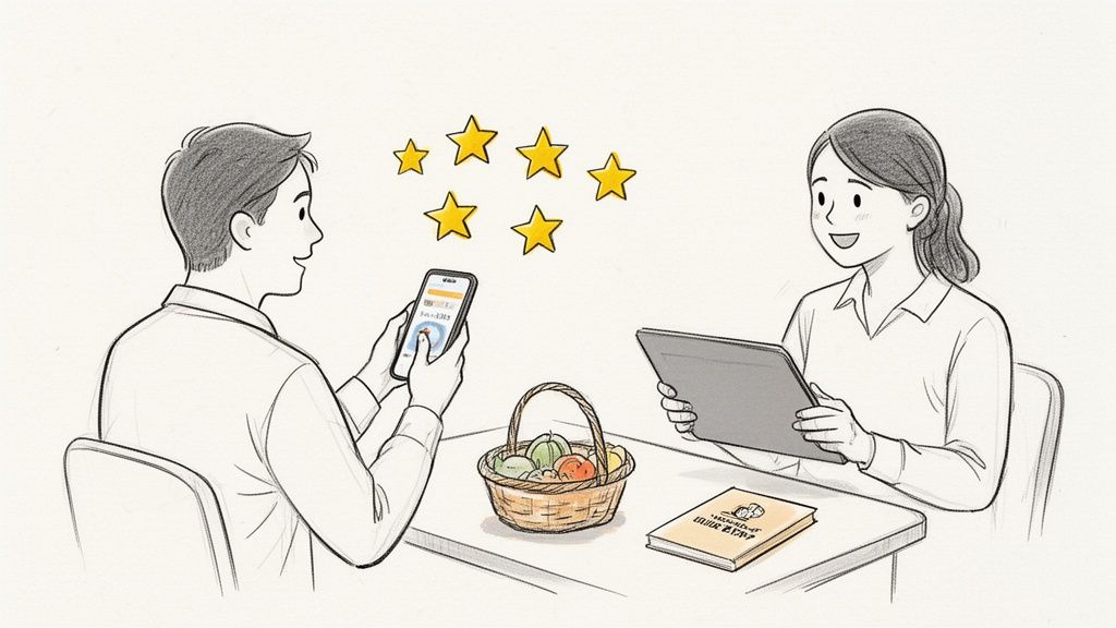 Happy man shows woman smartphone app with stars, symbolizing good ratings or achievements.