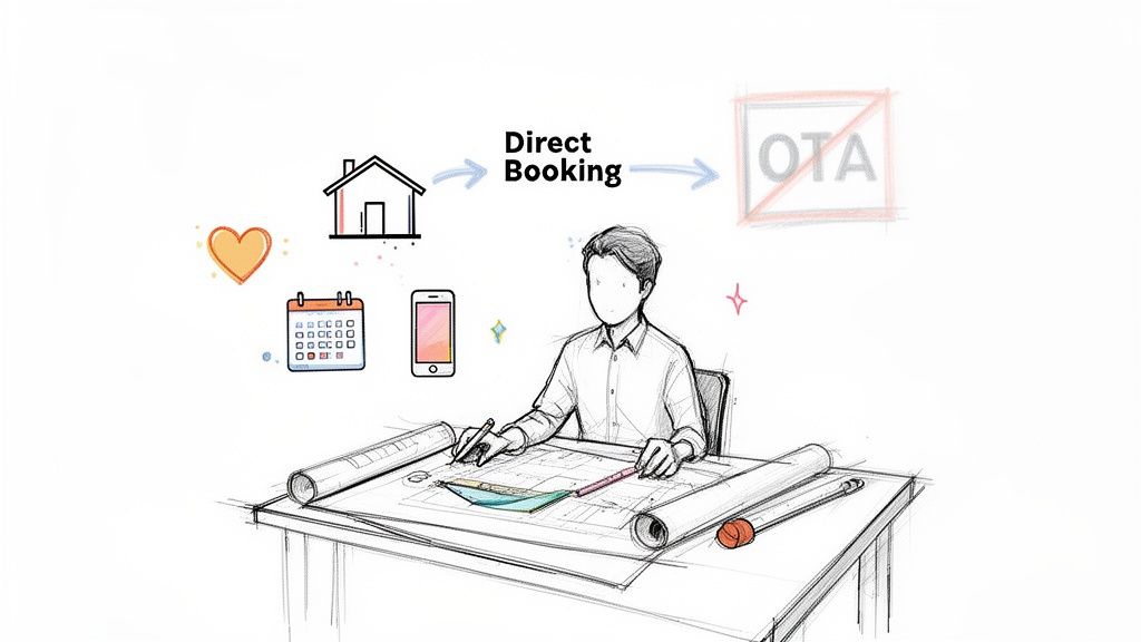 Illustration of a person planning direct bookings for a house, avoiding OTAs, using a calendar and phone.
