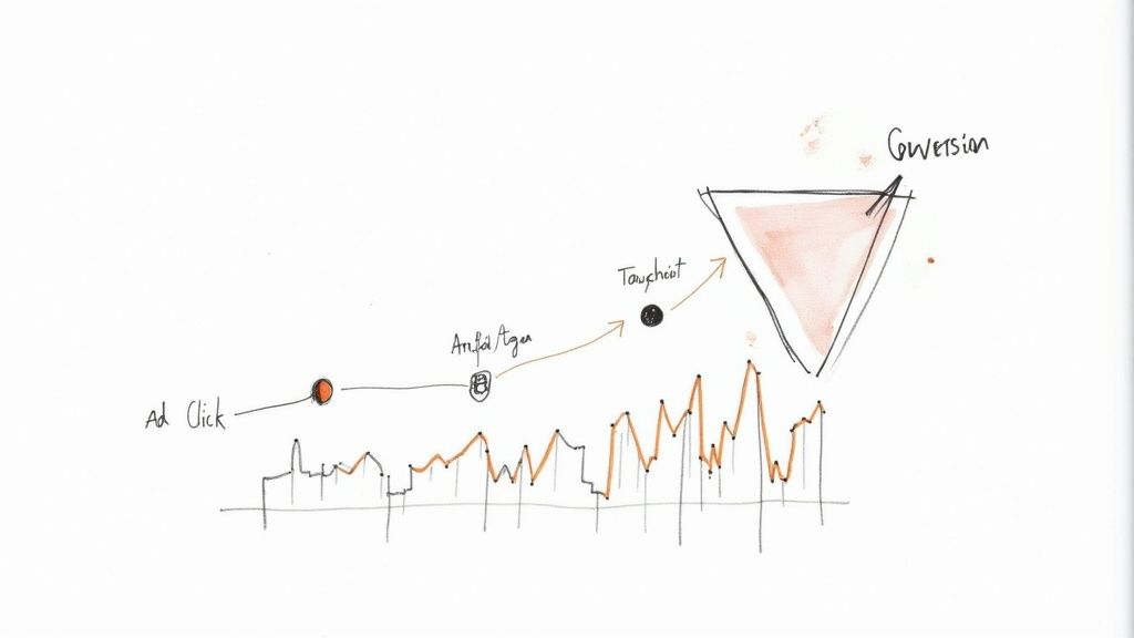 Hand-drawn diagram illustrating a marketing funnel from ad click through touchpoints to conversion.