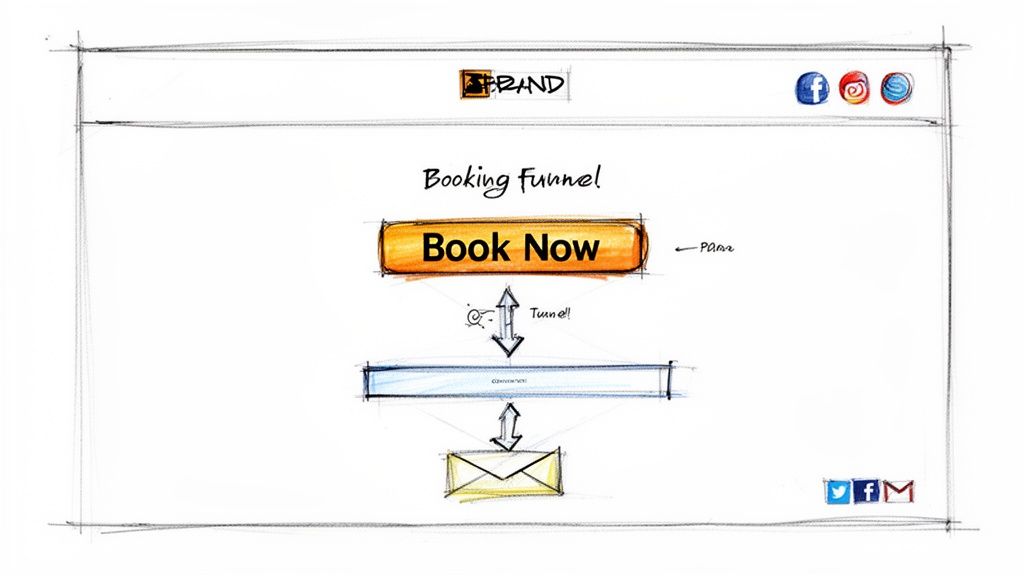 Hand-drawn sketch illustrating a website booking funnel with a 'Book Now' button and conversion steps.