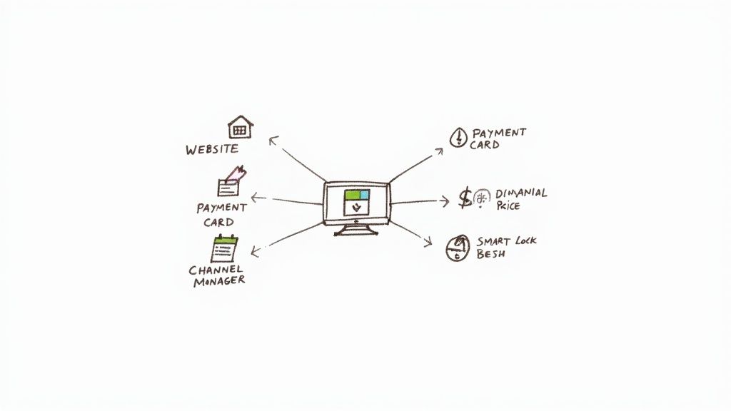 Several overlapping circles with icons representing different technologies like calendars, pricing charts, and smart home devices.