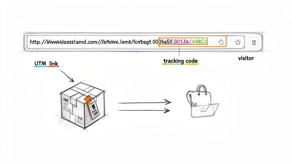 Diagram illustrating a UTM link on a package and its corresponding tracking code in a URL, leading to a visitor's activity.