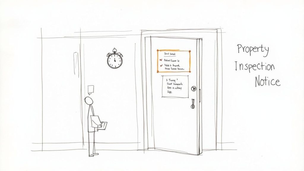 A sketch showing a person looking at a door with a 'Property Inspection Notice' on the wall.