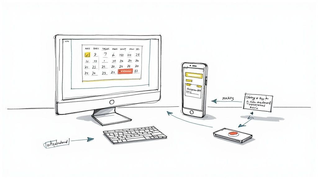 A diagram illustrates a system with a desktop computer showing a calendar, a smartphone, a keyboard, and a button device, connected by arrows and a sticky note.