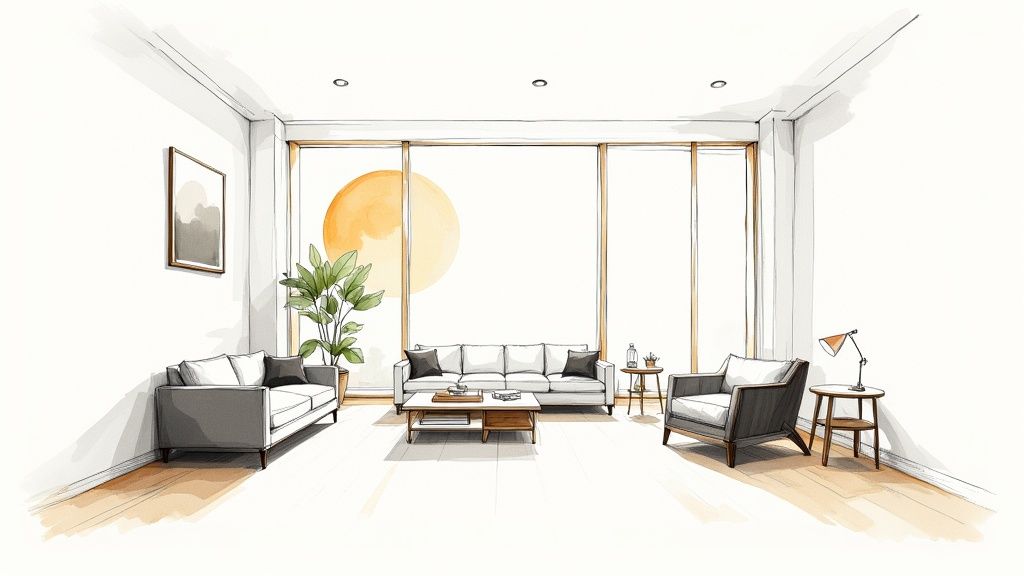 Minimalist living room sketch with contemporary furniture, a potted plant, and a large bright window.