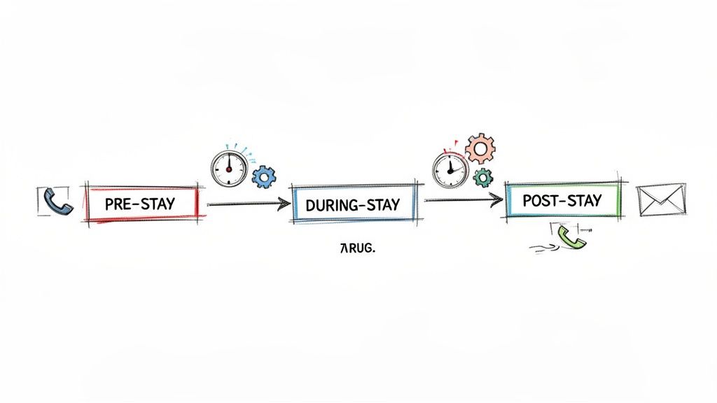 A process flow diagram illustrating pre-stay, during-stay, and post-stay stages with communication and time icons.
