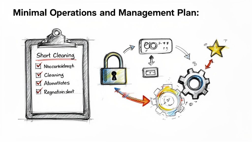 A hand-drawn diagram illustrating a minimal operations and management plan, including a checklist and gears.