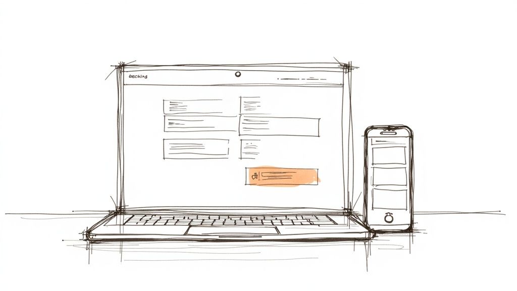 A laptop on a table displaying a modern vacation rental website, with a blurred background of a cozy living area.