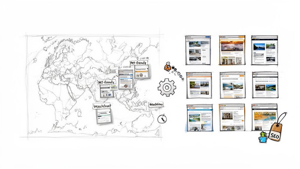 Illustrative sketch demonstrating global hotel marketing and SEO optimization with localized search results like 'pet-friendly' and 'beachfront'.