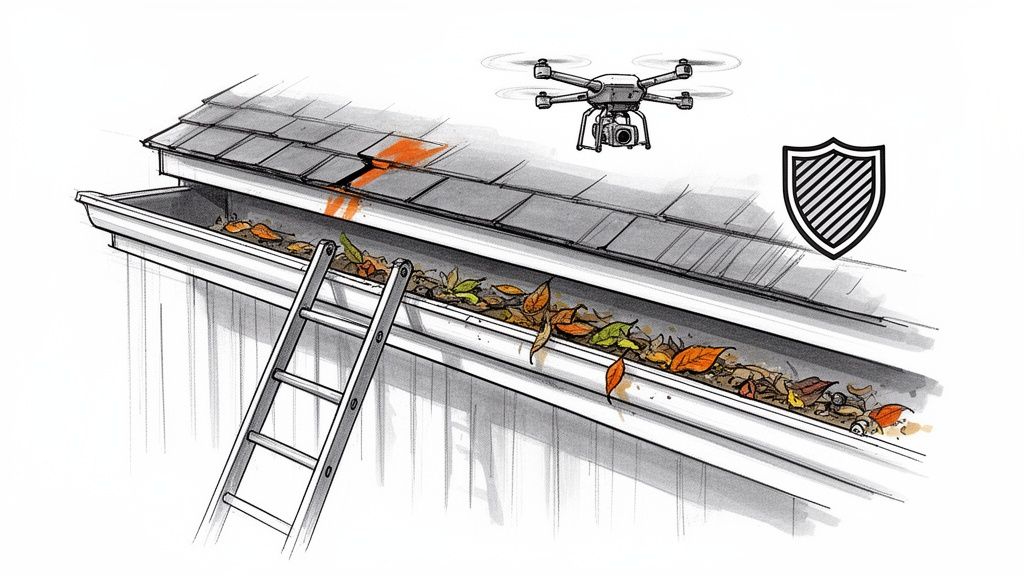 A drone inspects a clogged gutter and cracked roof, symbolizing home maintenance and inspection.