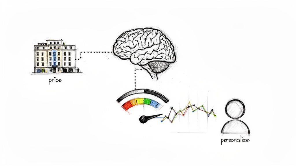 Diagram showing a brain connecting price data, performance metrics, and personalization for strategic decision-making.