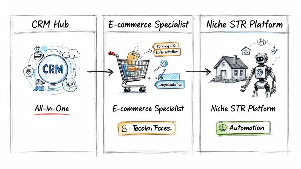 A workflow diagram showing a CRM Hub, E-commerce Specialist, and Niche STR Platform with automation process.