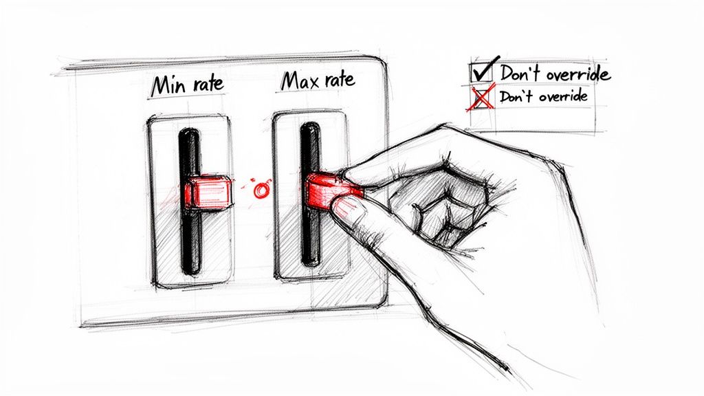 A hand adjusts a 'Max rate' slider, next to a 'Min rate' slider, with 'Don't override' checked.