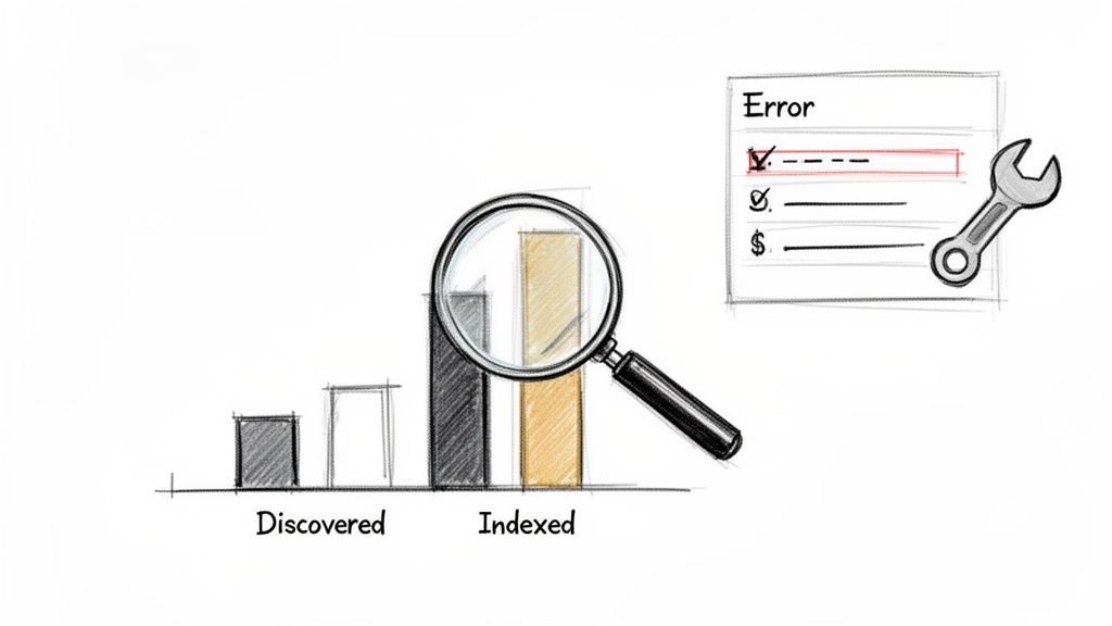 Illustration showing data discovery and indexing, with a magnifying glass examining stats and a checklist indicating errors and fixes.